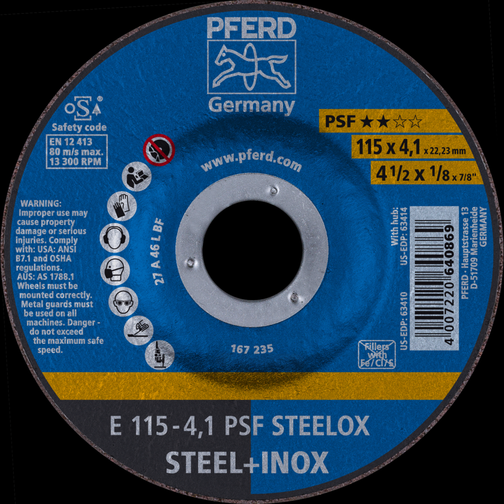 PFERD Grinding Wheel, 4-1/2&#34; x 1/8 x 7/8, PSF STEELOX, T27, Aluminum oxide<span class=' ItemWarning' style='display:block;'>Item is usually in stock, but we&#39;ll be in touch if there&#39;s a problem<br /></span>