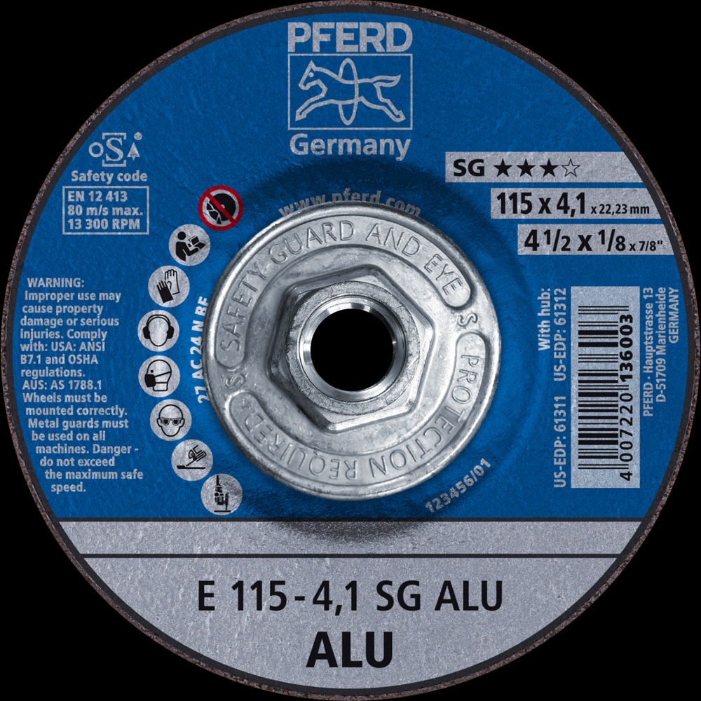 PFERD Grinding Wheel, 4-1/2&#34;x 1/8x5/8-11, SG ALU, T27, Aluminum oxide, Silicon carbide<span class=' ItemWarning' style='display:block;'>Item is usually in stock, but we&#39;ll be in touch if there&#39;s a problem<br /></span>