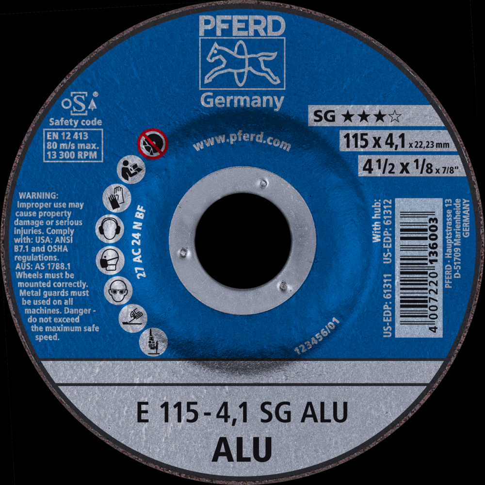 PFERD Grinding Wheel, 4-1/2&#34; x 1/8 x 7/8, SG ALU, T27, Aluminum oxide, Silicon carbide<span class=' ItemWarning' style='display:block;'>Item is usually in stock, but we&#39;ll be in touch if there&#39;s a problem<br /></span>