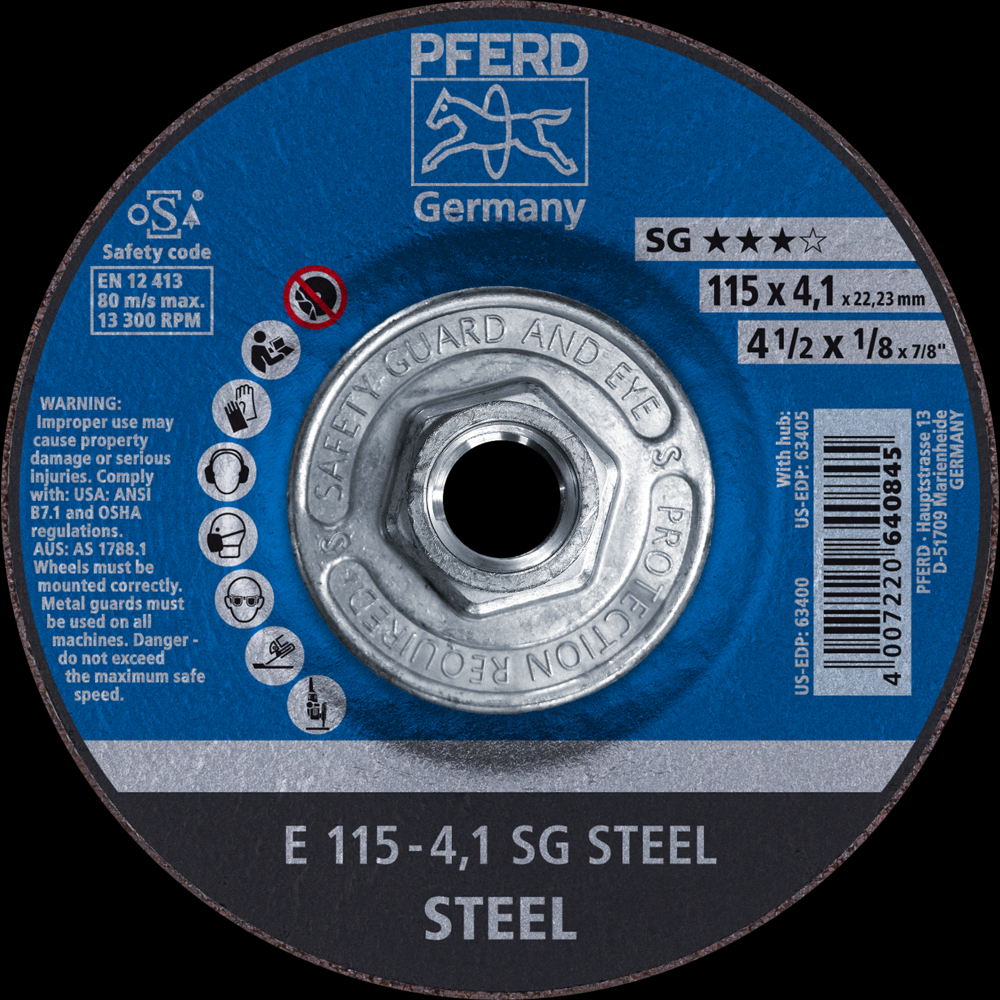 PFERD Grinding Wheel, 4-1/2&#34; x 1/8 x 5/8-11, SG STEEL, T27, Aluminum oxide<span class=' ItemWarning' style='display:block;'>Item is usually in stock, but we&#39;ll be in touch if there&#39;s a problem<br /></span>