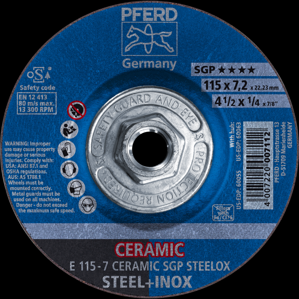 PFERD Grinding Wheel, 4-1/2&#34; x 1/4 x 5/8-11, CERAMIC SGP STEELOX, T27<span class=' ItemWarning' style='display:block;'>Item is usually in stock, but we&#39;ll be in touch if there&#39;s a problem<br /></span>