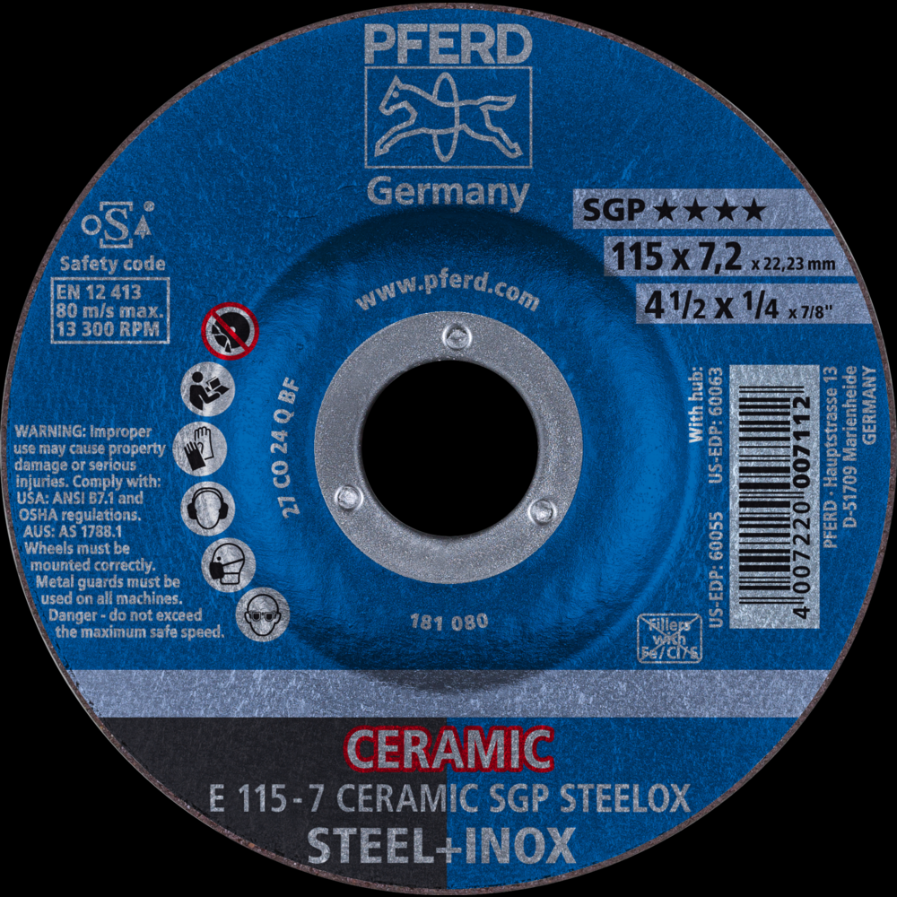 PFERD Grinding Wheel, 4-1/2&#34; x 1/4 x 7/8, CERAMIC SGP STEELOX, T27<span class=' ItemWarning' style='display:block;'>Item is usually in stock, but we&#39;ll be in touch if there&#39;s a problem<br /></span>