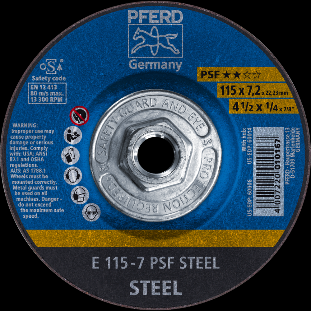 PFERD Grinding Wheel, 4-1/2&#34; x 1/4 x 5/8-11, PSF STEEL, T27, Aluminum oxide<span class=' ItemWarning' style='display:block;'>Item is usually in stock, but we&#39;ll be in touch if there&#39;s a problem<br /></span>