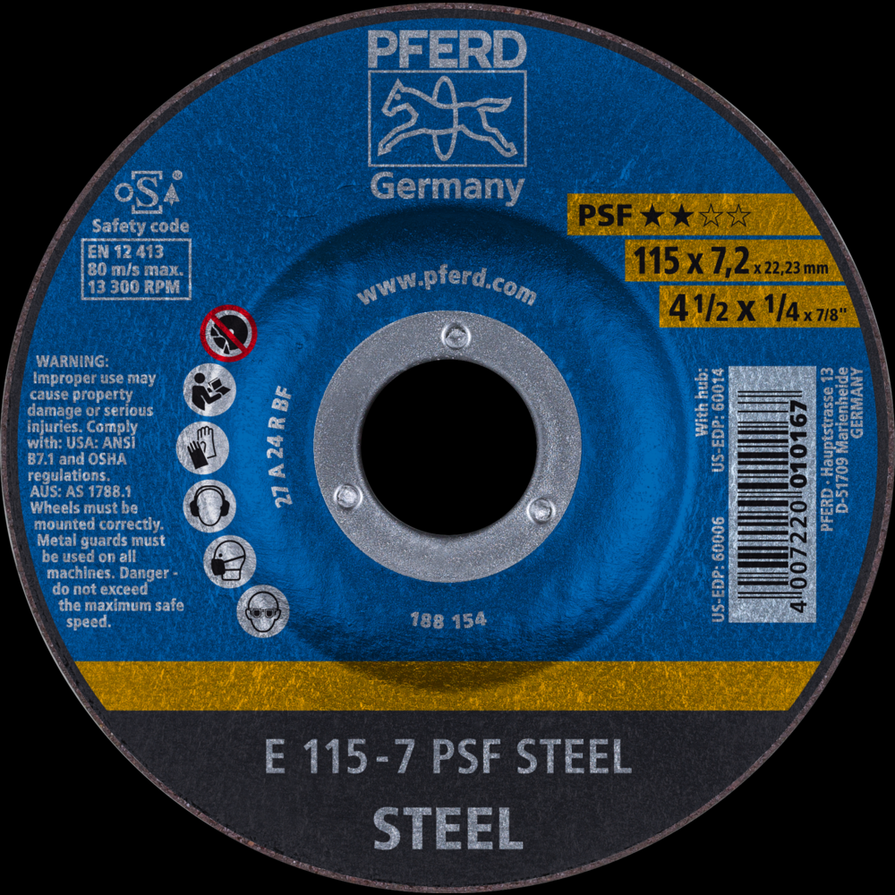 PFERD Grinding Wheel, 4-1/2&#34; x 1/4 x 7/8, PSF STEEL, T27, Aluminum oxide<span class=' ItemWarning' style='display:block;'>Item is usually in stock, but we&#39;ll be in touch if there&#39;s a problem<br /></span>