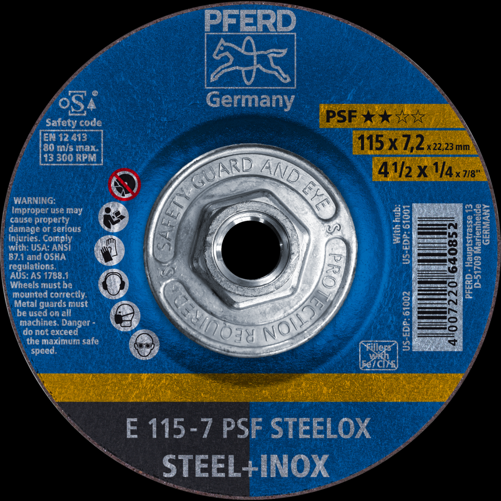 PFERD Grinding Wheel, 4-1/2&#34; x 1/4 x 5/8-11, PSF STEELOX, T27, Aluminum oxide<span class=' ItemWarning' style='display:block;'>Item is usually in stock, but we&#39;ll be in touch if there&#39;s a problem<br /></span>