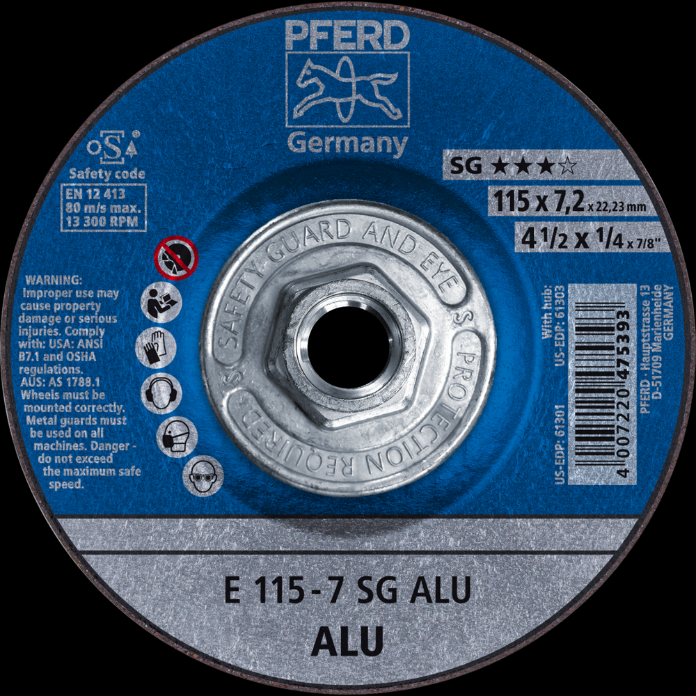 PFERD Grinding Wheel, 4-1/2&#34;x 1/4x5/8-11, SG ALU, T27, Aluminum oxide, Silicon carbide<span class=' ItemWarning' style='display:block;'>Item is usually in stock, but we&#39;ll be in touch if there&#39;s a problem<br /></span>