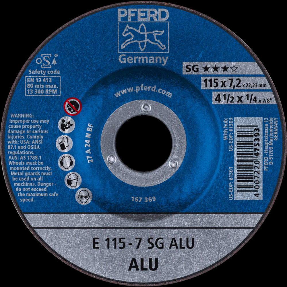 PFERD Grinding Wheel, 4-1/2&#34; x 1/4 x 7/8, SG ALU, T27, Aluminum oxide, Silicon carbide<span class=' ItemWarning' style='display:block;'>Item is usually in stock, but we&#39;ll be in touch if there&#39;s a problem<br /></span>