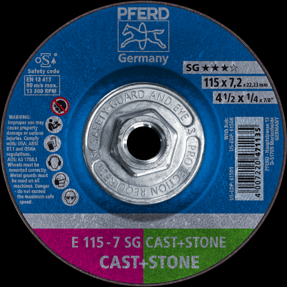 PFERD Grinding Wheel, 4-1/2&#34; x 1/4 x 5/8-11, SG CAST+STONE, T27, AO, SiC<span class=' ItemWarning' style='display:block;'>Item is usually in stock, but we&#39;ll be in touch if there&#39;s a problem<br /></span>