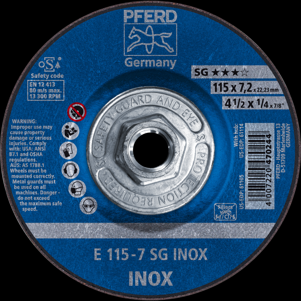 PFERD Grinding Wheel, 4-1/2&#34; x 1/4 x 5/8-11, SG INOX, T27, Aluminum oxide<span class=' ItemWarning' style='display:block;'>Item is usually in stock, but we&#39;ll be in touch if there&#39;s a problem<br /></span>