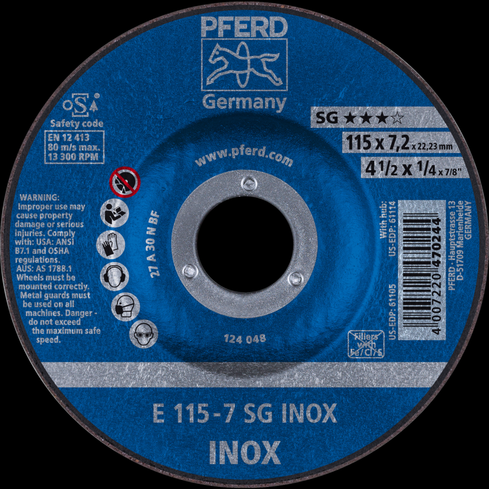 PFERD Grinding Wheel, 4-1/2&#34; x 1/4 x 7/8, SG INOX, T27, Aluminum oxide<span class=' ItemWarning' style='display:block;'>Item is usually in stock, but we&#39;ll be in touch if there&#39;s a problem<br /></span>