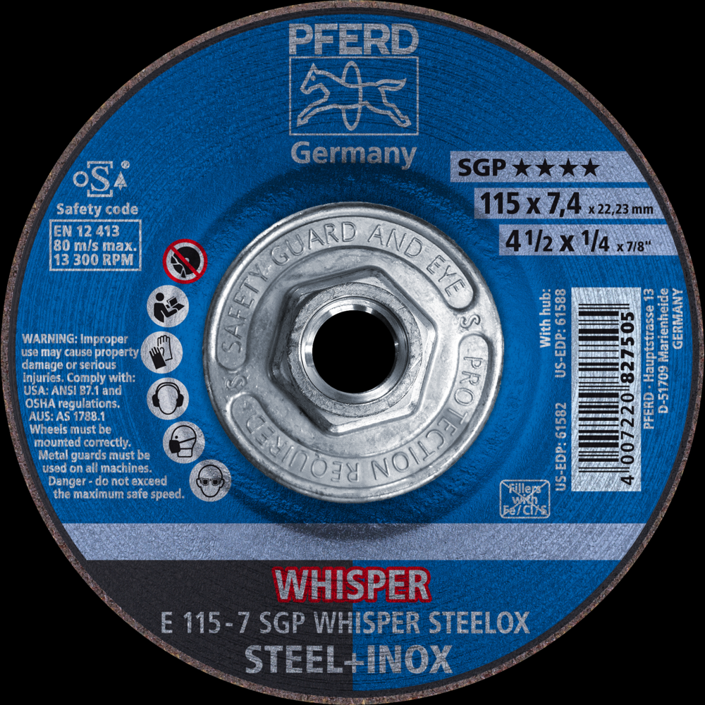 PFERD Grinding Wheel, 4-1/2&#34; x 1/4 x 5/8-11, SGP WHISPER STEELOX, T27, Aluminum oxide<span class=' ItemWarning' style='display:block;'>Item is usually in stock, but we&#39;ll be in touch if there&#39;s a problem<br /></span>