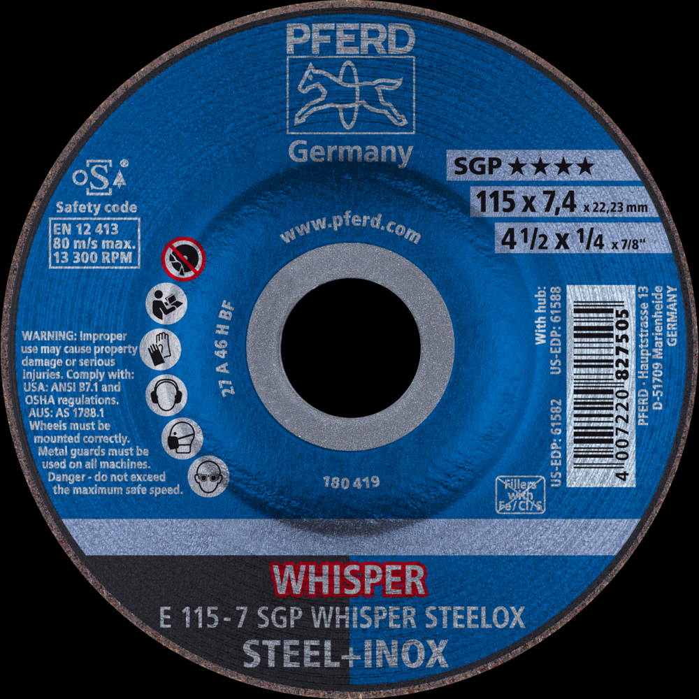 PFERD Grinding Wheel, 4-1/2&#34; x 1/4 x 7/8, SGP WHISPER STEELOX, T27, Aluminum oxide<span class=' ItemWarning' style='display:block;'>Item is usually in stock, but we&#39;ll be in touch if there&#39;s a problem<br /></span>