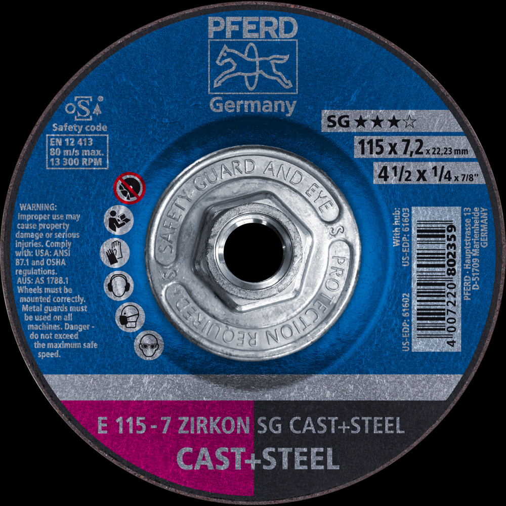 PFERD Grinding Wheel, 4-1/2&#34; x 1/4 x 5/8-11, ZIRCON SG CAST+STEEL, T27, ZA, AO<span class=' ItemWarning' style='display:block;'>Item is usually in stock, but we&#39;ll be in touch if there&#39;s a problem<br /></span>