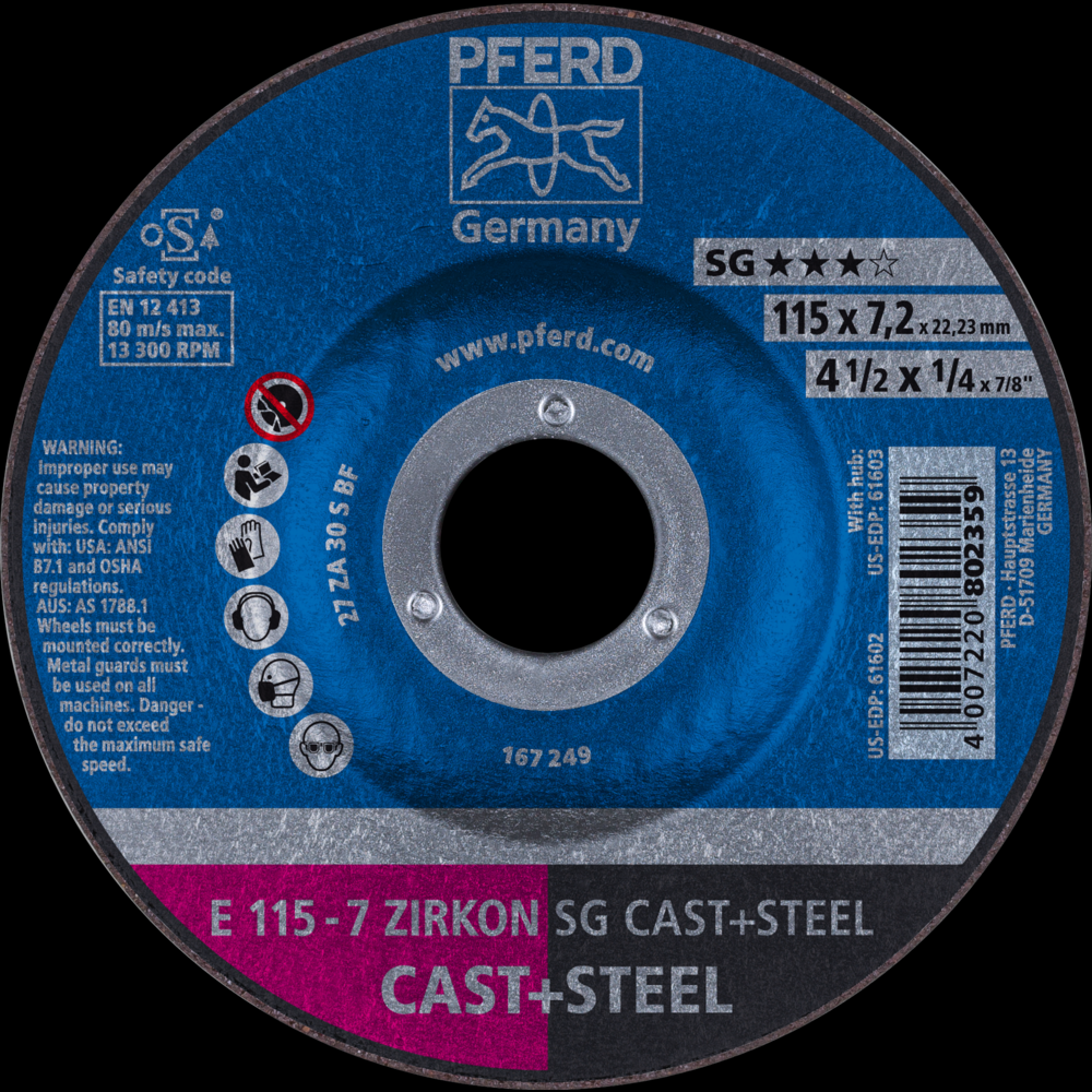 PFERD Grinding Wheel, 4-1/2&#34; x 1/4 x 7/8, ZIRCON SG CAST+STEEL, T27, ZA, AO<span class=' ItemWarning' style='display:block;'>Item is usually in stock, but we&#39;ll be in touch if there&#39;s a problem<br /></span>