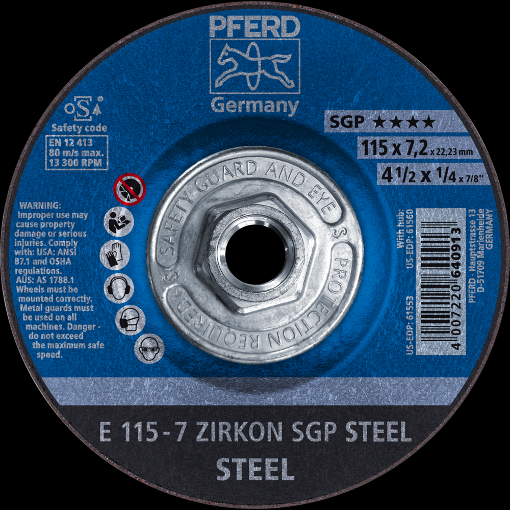 PFERD Grinding Wheel, 4-1/2&#34; x 1/4 x 5/8-11, SGP ZIRKON STEEL, T27, AO, SiC<span class=' ItemWarning' style='display:block;'>Item is usually in stock, but we&#39;ll be in touch if there&#39;s a problem<br /></span>