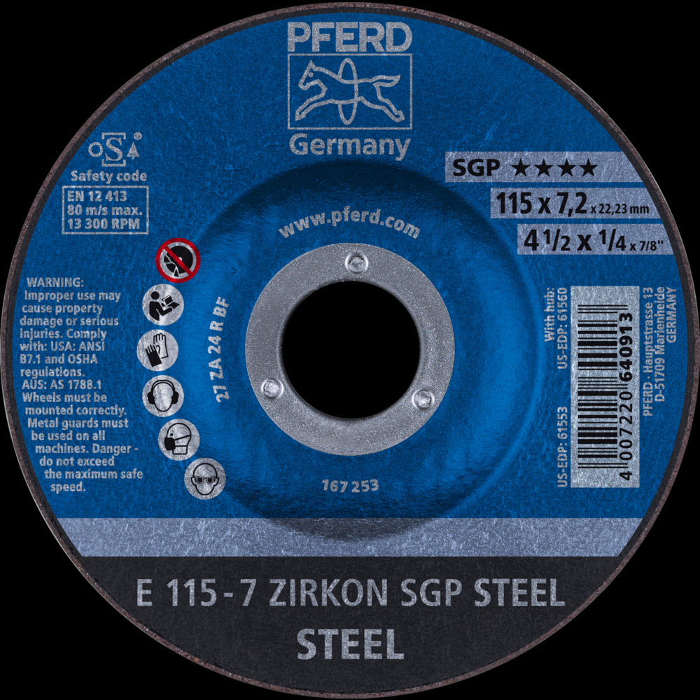 PFERD Grinding Wheel, 4-1/2&#34; x 1/4 x 7/8, SGP ZIRKON STEEL, T27, AO, SiC<span class=' ItemWarning' style='display:block;'>Item is usually in stock, but we&#39;ll be in touch if there&#39;s a problem<br /></span>