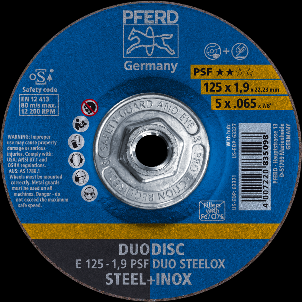 PFERD Combination Wheel, 5&#34; x .065 x 5/8-11, PSF DUODISC STEELOX, T27, Aluminum oxide<span class=' ItemWarning' style='display:block;'>Item is usually in stock, but we&#39;ll be in touch if there&#39;s a problem<br /></span>