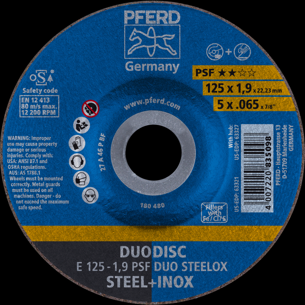 PFERD Combination Wheel, 5&#34; x .065 x 7/8, PSF DUODISC STEELOX, T27, Aluminum oxide<span class=' ItemWarning' style='display:block;'>Item is usually in stock, but we&#39;ll be in touch if there&#39;s a problem<br /></span>