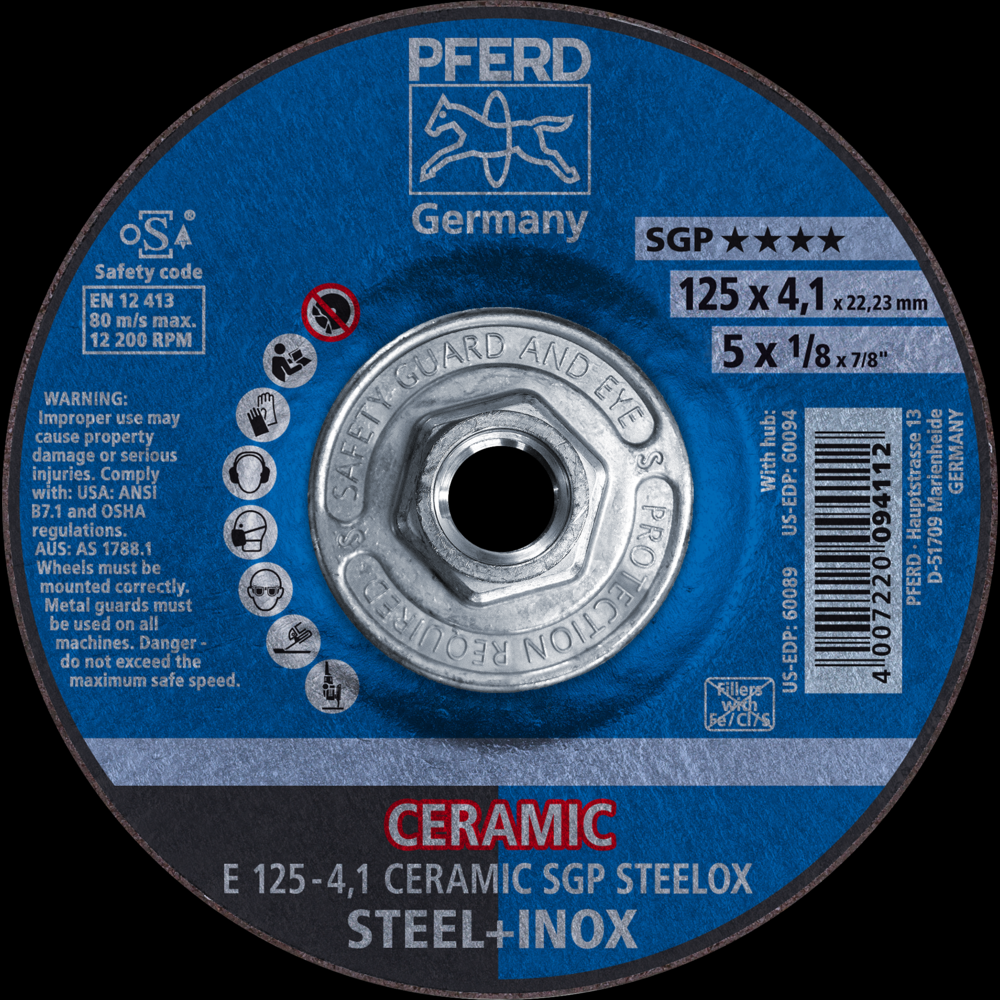 PFERD Grinding Wheel, 5&#34; x 1/8 x 5/8-11, CERAMIC SGP STEELOX, T27<span class=' ItemWarning' style='display:block;'>Item is usually in stock, but we&#39;ll be in touch if there&#39;s a problem<br /></span>