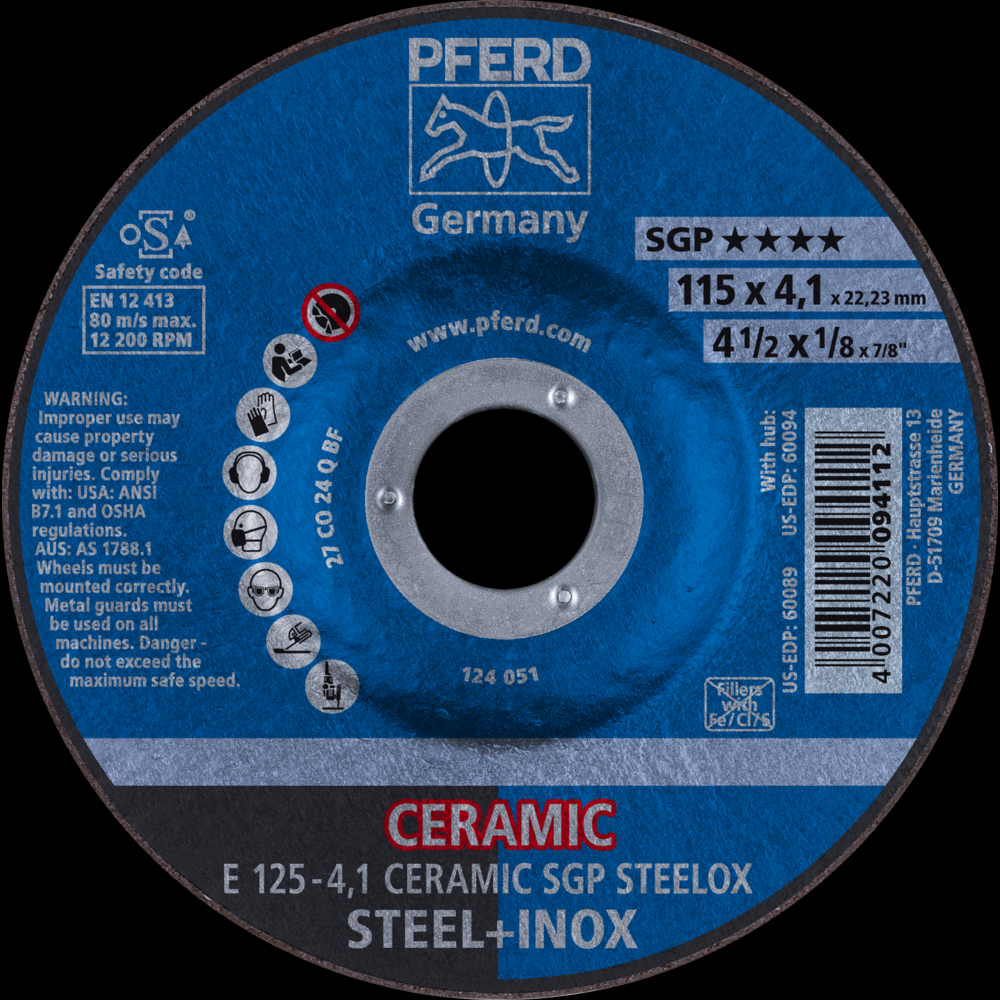 PFERD Grinding Wheel, 5&#34; x 1/8 x 7/8, CERAMIC SGP STEELOX, T27<span class=' ItemWarning' style='display:block;'>Item is usually in stock, but we&#39;ll be in touch if there&#39;s a problem<br /></span>