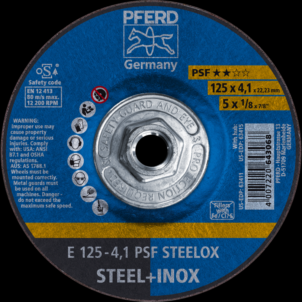 PFERD Grinding Wheel, 5&#34; x 1/8 x 5/8-11, PSF STEELOX, T27, Aluminum oxide<span class=' ItemWarning' style='display:block;'>Item is usually in stock, but we&#39;ll be in touch if there&#39;s a problem<br /></span>