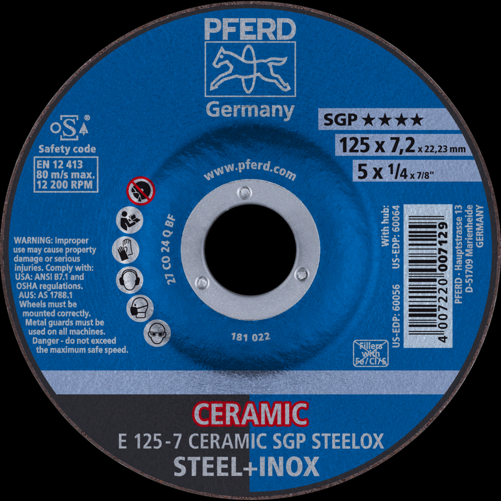 PFERD Grinding Wheel, 5&#34; x 1/4 x 7/8, CERAMIC SGP STEELOX, T27<span class=' ItemWarning' style='display:block;'>Item is usually in stock, but we&#39;ll be in touch if there&#39;s a problem<br /></span>