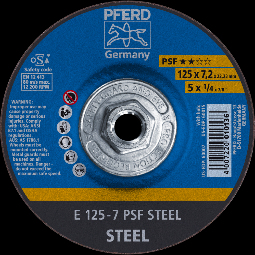 PFERD Grinding Wheel, 5&#34; x 1/4 x 5/8-11, PSF STEEL, T27, Aluminum oxide<span class=' ItemWarning' style='display:block;'>Item is usually in stock, but we&#39;ll be in touch if there&#39;s a problem<br /></span>