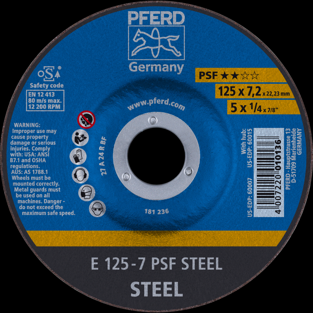 PFERD Grinding Wheel, 5&#34; x 1/4 , 7/8 PSF STEEL, T27, Aluminum oxide<span class=' ItemWarning' style='display:block;'>Item is usually in stock, but we&#39;ll be in touch if there&#39;s a problem<br /></span>