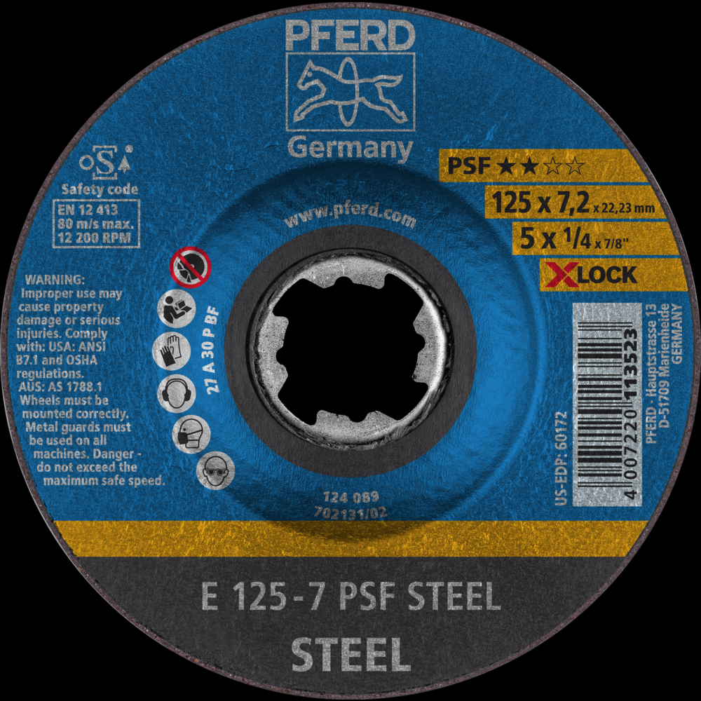 PFERD Grinding Wheel, 5&#34; x 1/4, X-LOCK, PSF STEEL, T27, Aluminum oxide<span class=' ItemWarning' style='display:block;'>Item is usually in stock, but we&#39;ll be in touch if there&#39;s a problem<br /></span>