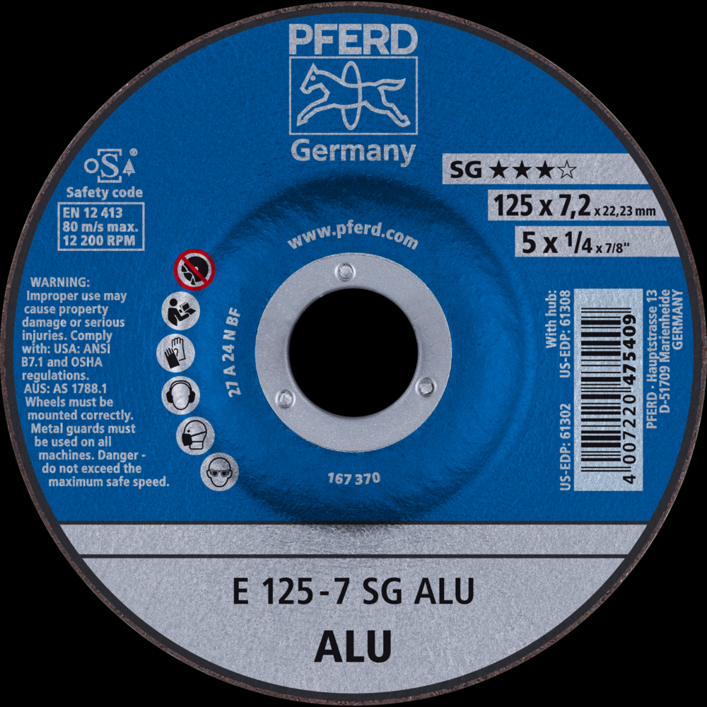 PFERD Grinding Wheel, 5&#34; x 1/4 x 7/8, SG ALU, T27, Aluminum oxide, Silicon carbide<span class=' ItemWarning' style='display:block;'>Item is usually in stock, but we&#39;ll be in touch if there&#39;s a problem<br /></span>