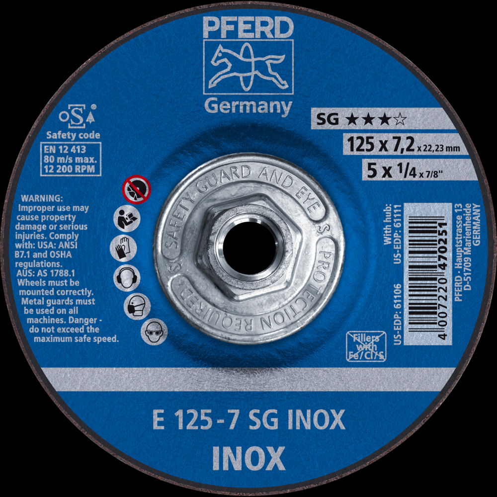 PFERD Grinding Wheel, 5&#34; x 1/4 x 5/8-11, SG INOX, T27, Aluminum oxide<span class=' ItemWarning' style='display:block;'>Item is usually in stock, but we&#39;ll be in touch if there&#39;s a problem<br /></span>