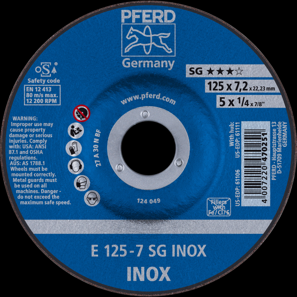 PFERD Grinding Wheel, 5&#34; x 1/4 x 7/8, SG INOX, T27, Aluminum oxide<span class=' ItemWarning' style='display:block;'>Item is usually in stock, but we&#39;ll be in touch if there&#39;s a problem<br /></span>