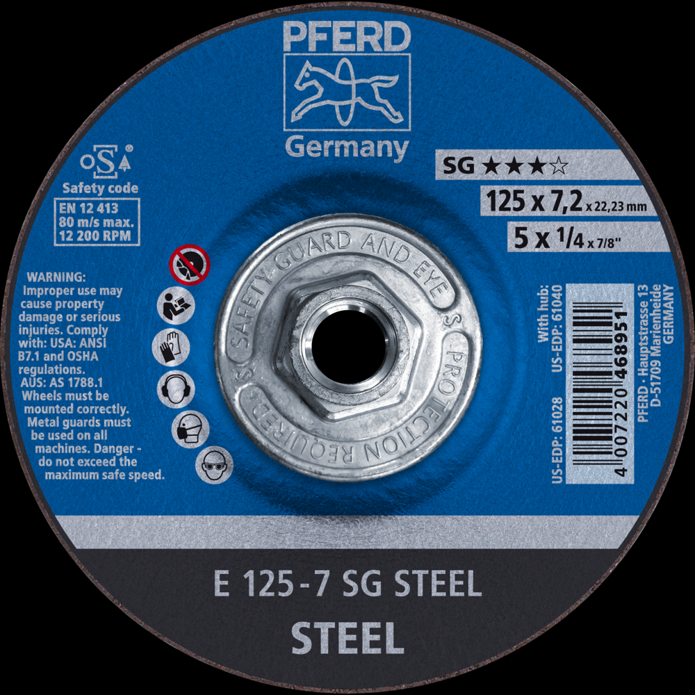 PFERD Grinding Wheel, 5&#34; x 1/4 x 5/8-11, SG STEEL, T27, Aluminum oxide<span class=' ItemWarning' style='display:block;'>Item is usually in stock, but we&#39;ll be in touch if there&#39;s a problem<br /></span>