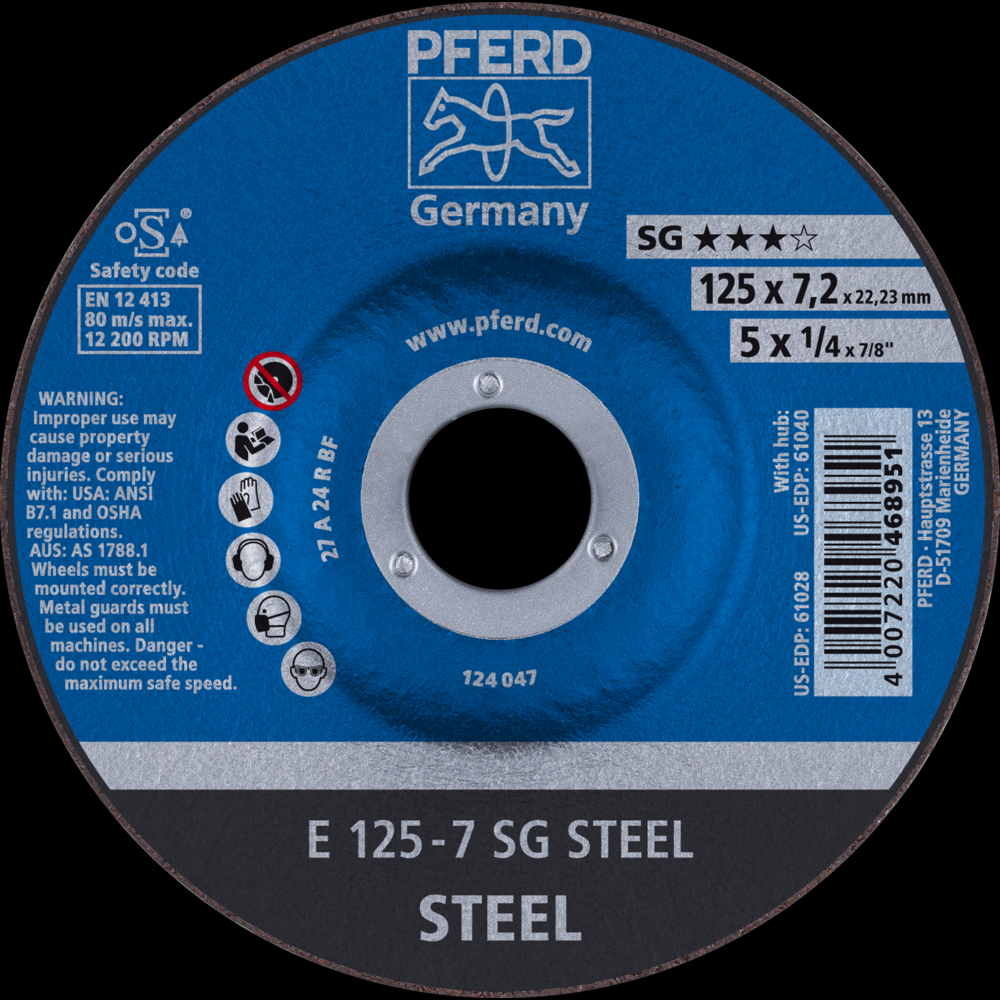 PFERD Grinding Wheel, 5&#34; x 1/4 x 7/8, SG STEEL, T27, Aluminum oxide<span class=' ItemWarning' style='display:block;'>Item is usually in stock, but we&#39;ll be in touch if there&#39;s a problem<br /></span>