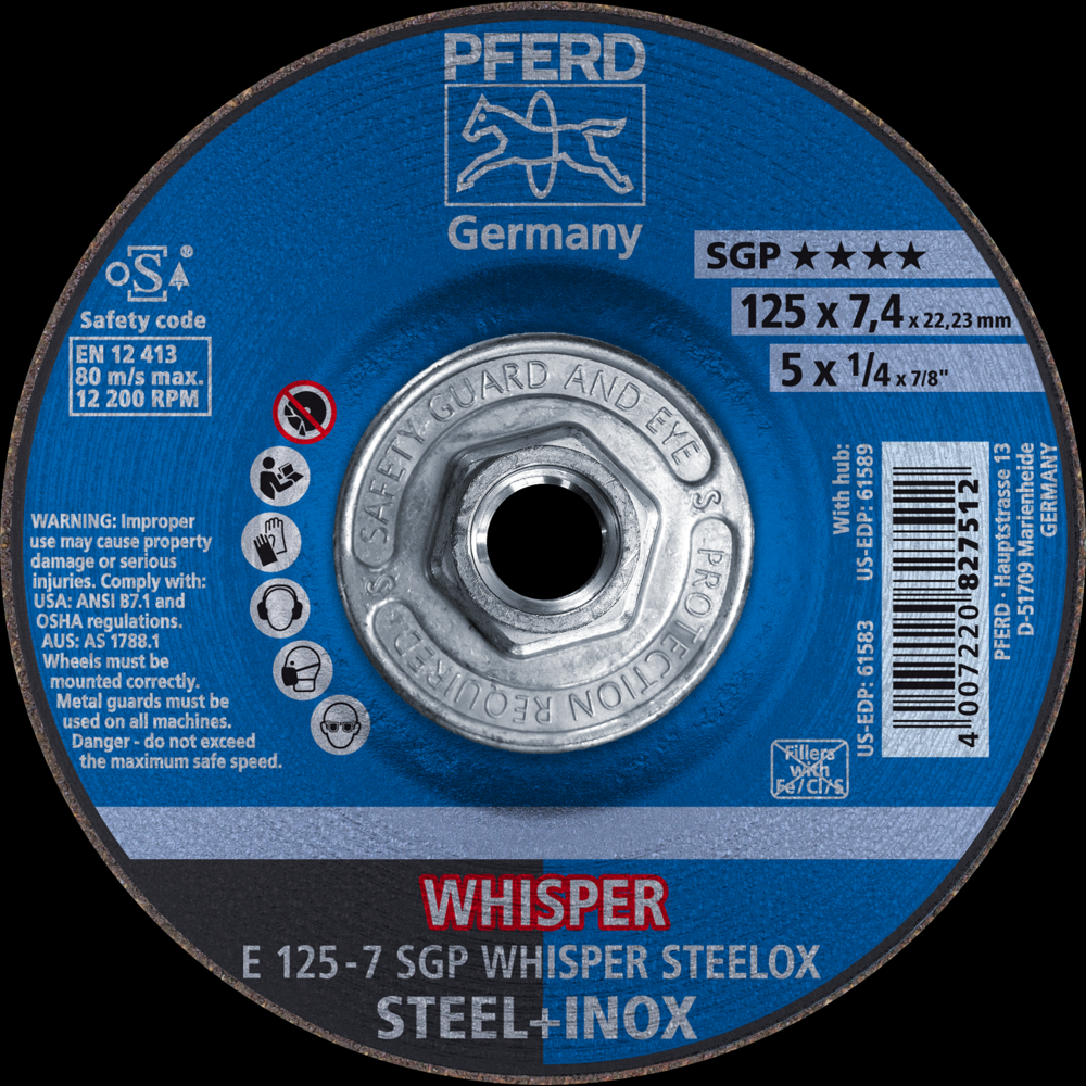 PFERD Grinding Wheel, 5&#34; x 1/4 x 5/8-11, SGP WHISPER STEELOX, T27, Aluminum oxide<span class=' ItemWarning' style='display:block;'>Item is usually in stock, but we&#39;ll be in touch if there&#39;s a problem<br /></span>