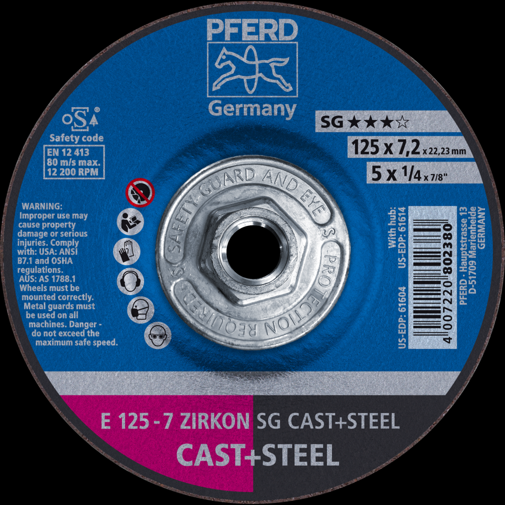 PFERD Grinding Wheel, 5&#34; x 1/4 x 5/8-11, ZIRCON SG CAST+STEEL, T27, ZA, AO<span class=' ItemWarning' style='display:block;'>Item is usually in stock, but we&#39;ll be in touch if there&#39;s a problem<br /></span>