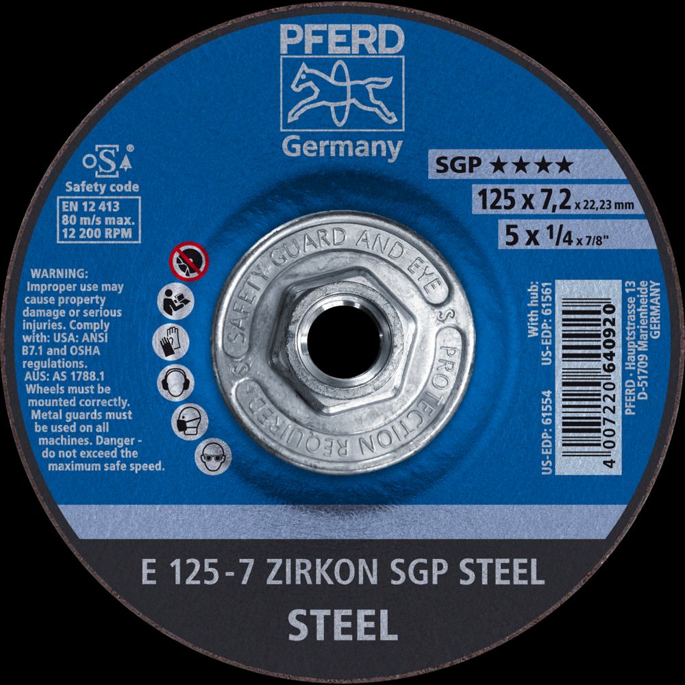 PFERD Grinding Wheel, 5&#34; x 1/4 x 5/8-11, SGP ZIRKON STEEL, T27, AO, SiC<span class=' ItemWarning' style='display:block;'>Item is usually in stock, but we&#39;ll be in touch if there&#39;s a problem<br /></span>