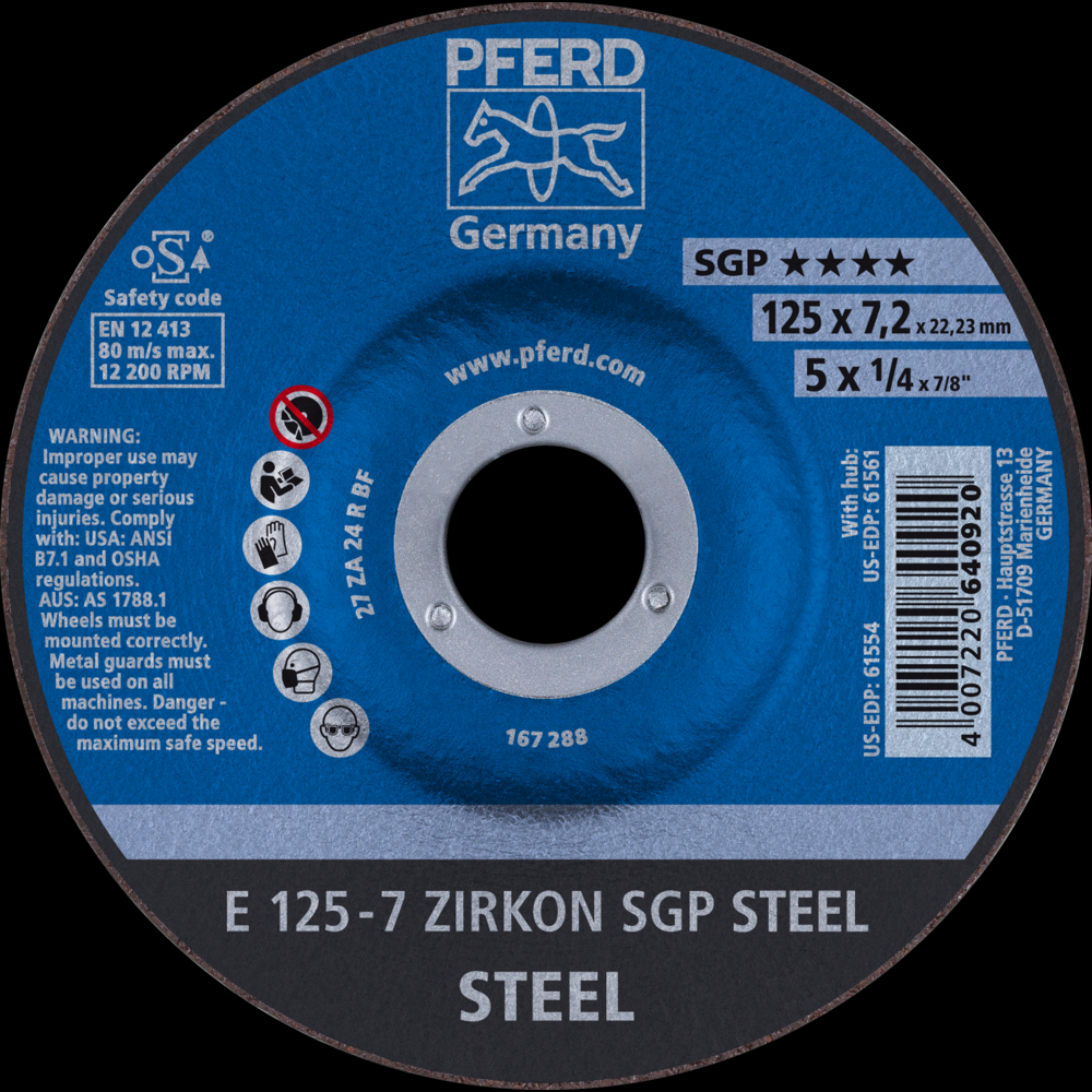 PFERD Grinding Wheel, 5&#34; x 1/4 x 7/8, SGP ZIRKON STEEL, T27, AO, SiC<span class=' ItemWarning' style='display:block;'>Item is usually in stock, but we&#39;ll be in touch if there&#39;s a problem<br /></span>