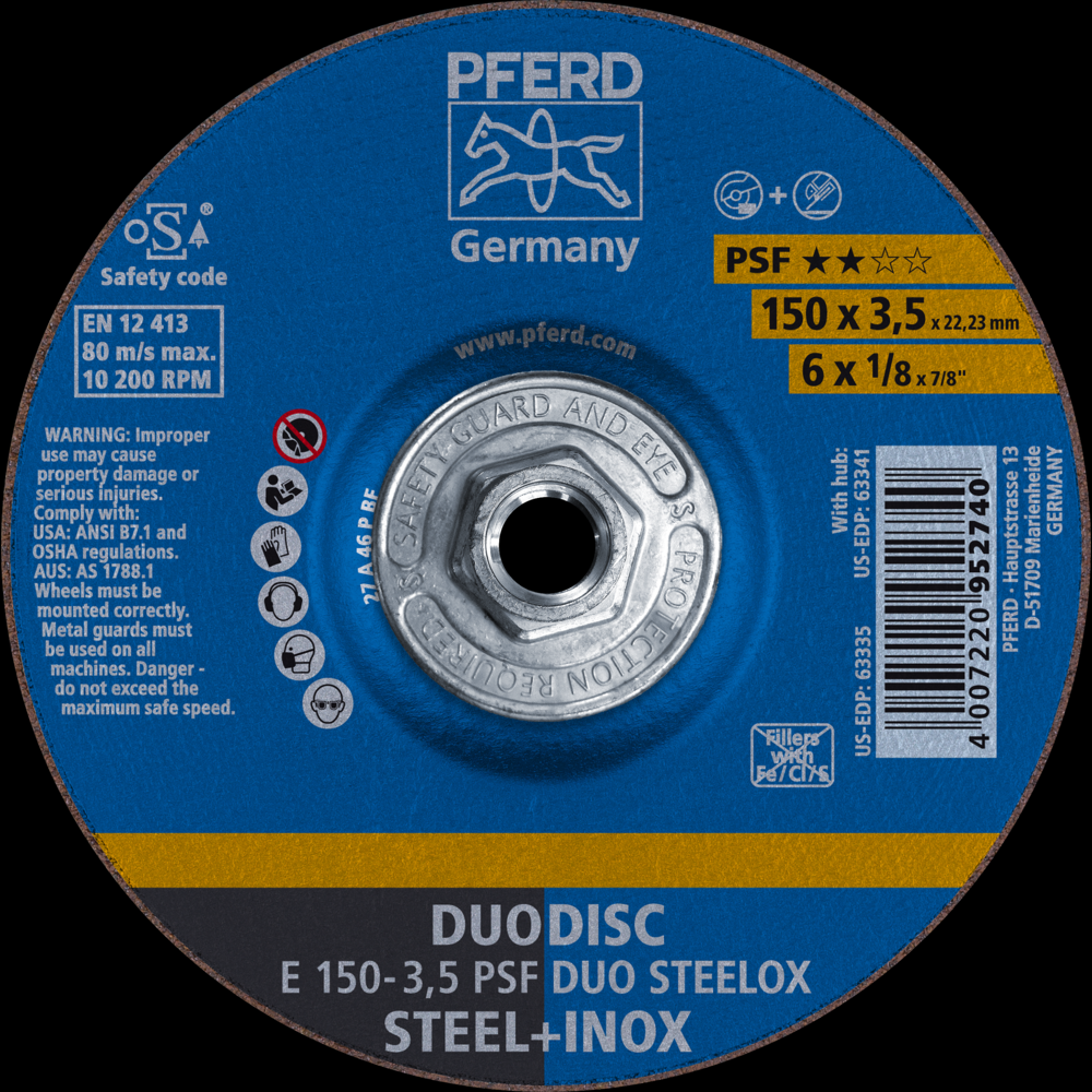 PFERD Combination Wheel, 6&#34; x 1/8 x 5/8-11, PSF DUODISC STEELOX, T27, Aluminum oxide<span class=' ItemWarning' style='display:block;'>Item is usually in stock, but we&#39;ll be in touch if there&#39;s a problem<br /></span>