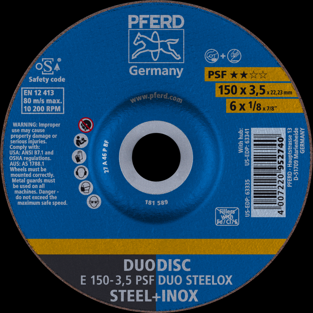 PFERD Combination Wheel, 6&#34; x 1/8 x 7/8, PSF DUODISC STEELOX, T27, Aluminum oxide<span class=' ItemWarning' style='display:block;'>Item is usually in stock, but we&#39;ll be in touch if there&#39;s a problem<br /></span>