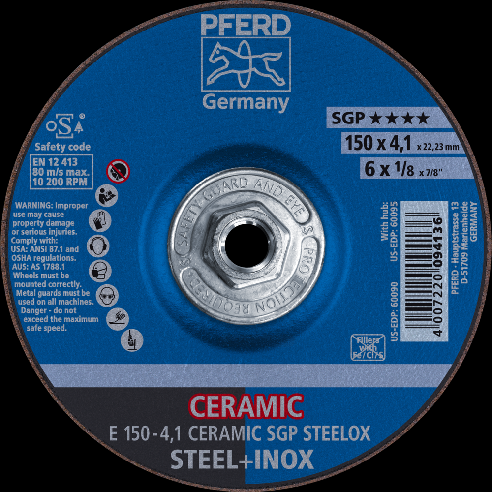 PFERD Grinding Wheel, 6&#34; x 1/8 x 5/8-11, CERAMIC SGP STEELOX, T27<span class=' ItemWarning' style='display:block;'>Item is usually in stock, but we&#39;ll be in touch if there&#39;s a problem<br /></span>