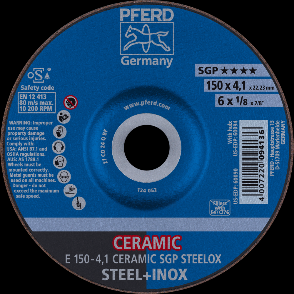 PFERD Grinding Wheel, 6&#34; x 1/8 x 7/8, CERAMIC SGP STEELOX, T27<span class=' ItemWarning' style='display:block;'>Item is usually in stock, but we&#39;ll be in touch if there&#39;s a problem<br /></span>