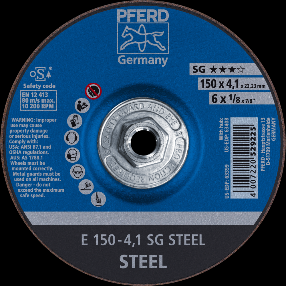 PFERD Grinding Wheel, 6&#34; x 1/8 x 5/8-11, SG STEEL, T27, Aluminum oxide<span class=' ItemWarning' style='display:block;'>Item is usually in stock, but we&#39;ll be in touch if there&#39;s a problem<br /></span>