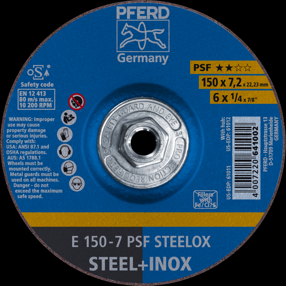 PFERD Grinding Wheel, 6&#34; x 1/4 x 5/8-11, PSF STEELOX, T27, Aluminum oxide<span class=' ItemWarning' style='display:block;'>Item is usually in stock, but we&#39;ll be in touch if there&#39;s a problem<br /></span>