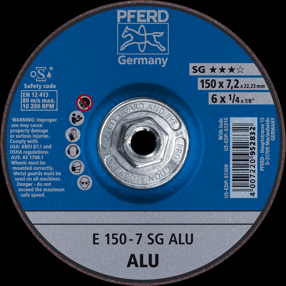 PFERD Grinding Wheel, 6&#34; x 1/4 x 5/8-11, SG ALU, T27, Aluminum oxide, Silicon carbide<span class=' ItemWarning' style='display:block;'>Item is usually in stock, but we&#39;ll be in touch if there&#39;s a problem<br /></span>