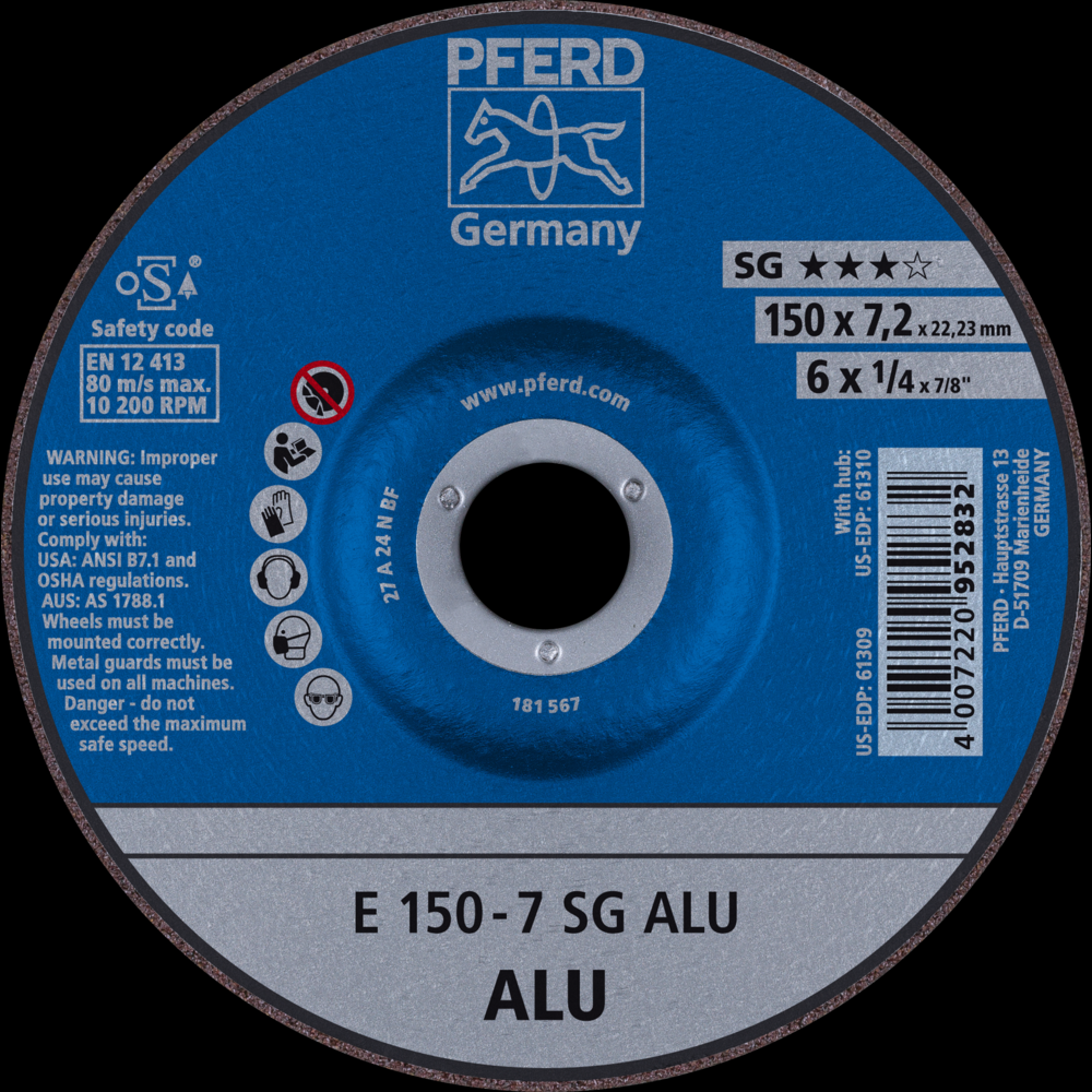 PFERD Grinding Wheel, 6&#34; x 1/4 x 7/8, SG ALU, T27, Aluminum oxide, Silicon carbide<span class=' ItemWarning' style='display:block;'>Item is usually in stock, but we&#39;ll be in touch if there&#39;s a problem<br /></span>