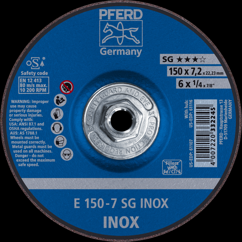 PFERD Grinding Wheel, 6&#34; x 1/4 x 5/8-11, SG INOX, T27, Aluminum oxide<span class=' ItemWarning' style='display:block;'>Item is usually in stock, but we&#39;ll be in touch if there&#39;s a problem<br /></span>