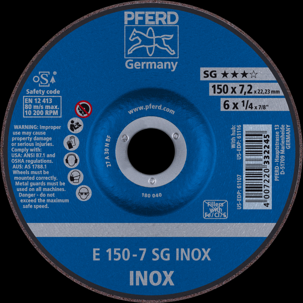 PFERD Grinding Wheel, 6&#34; x 1/4 x 7/8, SG INOX, T27, Aluminum oxide<span class=' ItemWarning' style='display:block;'>Item is usually in stock, but we&#39;ll be in touch if there&#39;s a problem<br /></span>