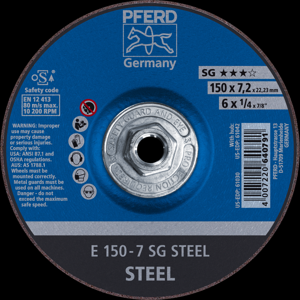 PFERD Grinding Wheel, 6&#34; x 1/4 x 5/8-11, SG STEEL, T27, Aluminum oxide<span class=' ItemWarning' style='display:block;'>Item is usually in stock, but we&#39;ll be in touch if there&#39;s a problem<br /></span>