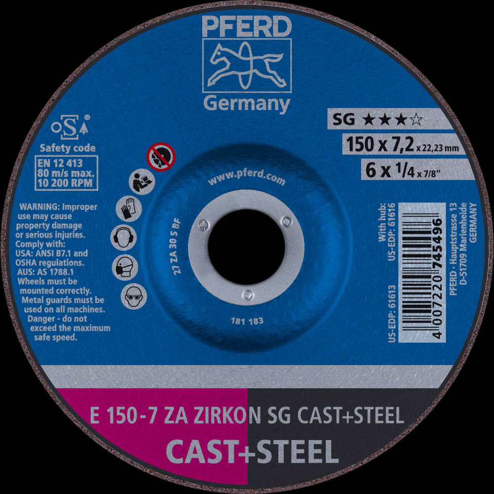 PFERD Grinding Wheel, 6&#34; x 1/4 x 7/8, ZIRCON SG CAST+STEEL, T27, ZA, AO<span class=' ItemWarning' style='display:block;'>Item is usually in stock, but we&#39;ll be in touch if there&#39;s a problem<br /></span>